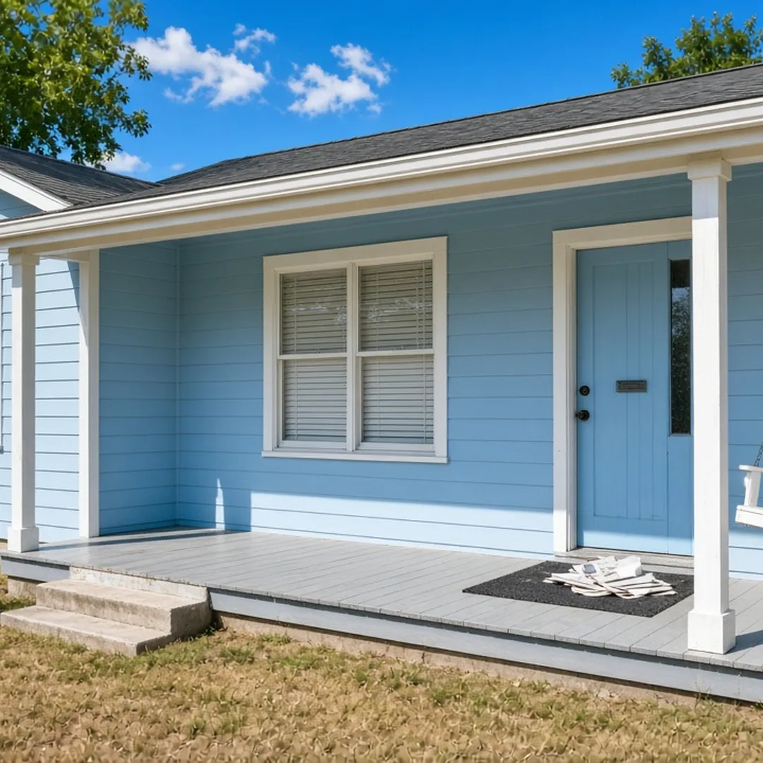 Closed-up older Fort Worth home with drawn blinds and mail on the porch on a hot day