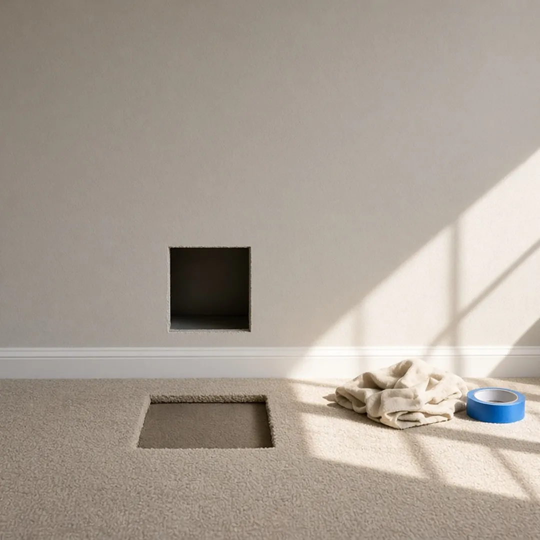 Square opening cut in drywall and a cut-out carpet section left after evidence collection
