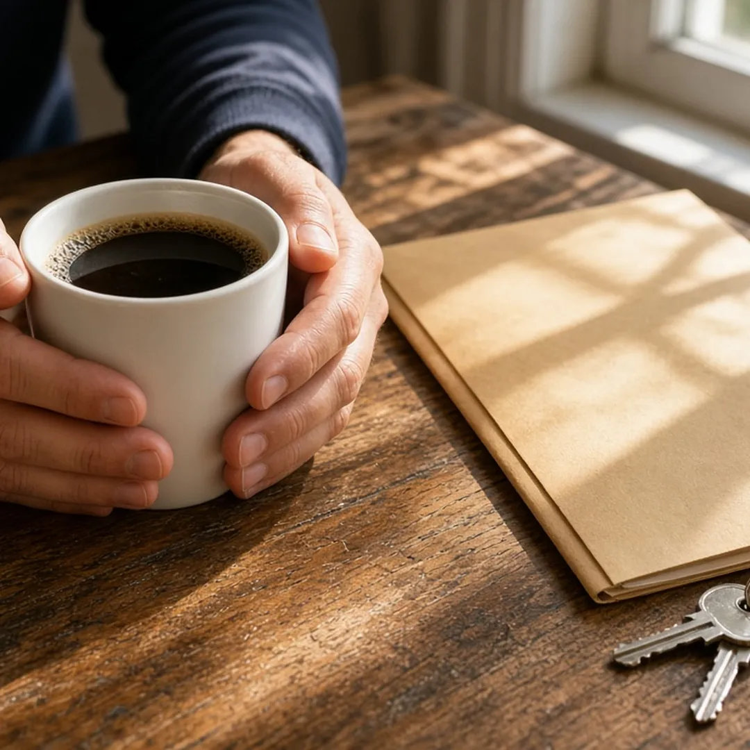 A family member's hands holding a coffee mug beside a folder on a kitchen table