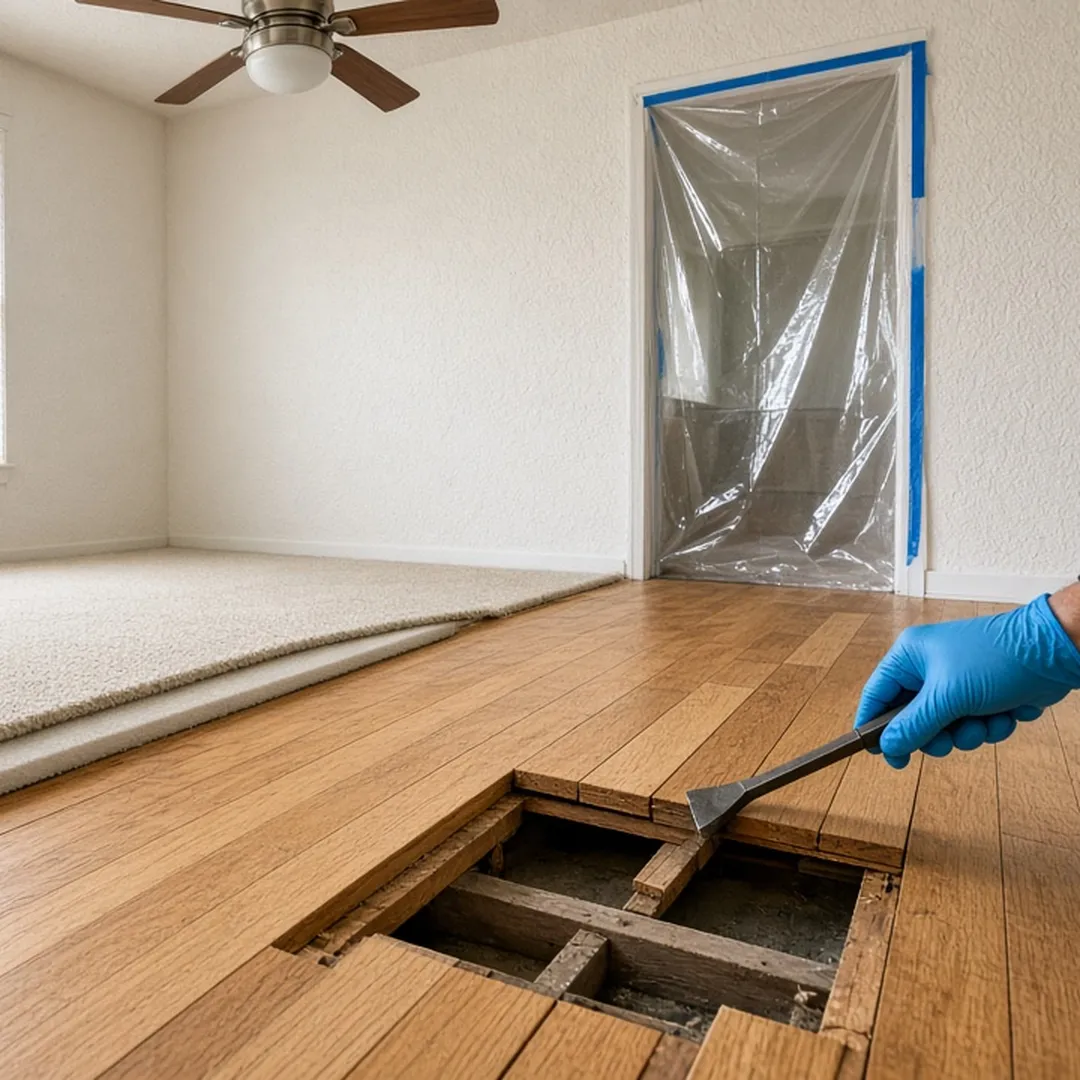 Carpet and pad cut back to reveal old oak flooring during crime scene cleanup in a Fort Worth home