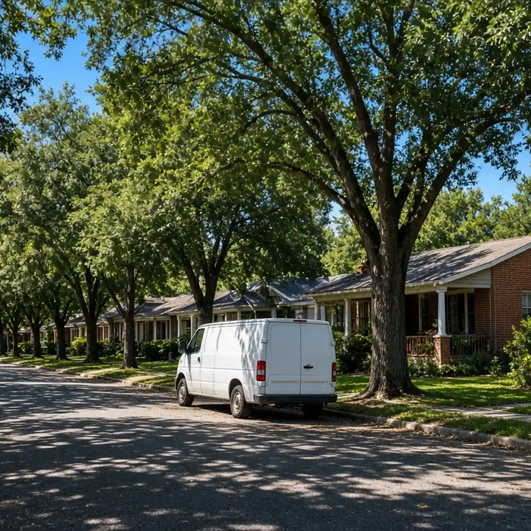 Plain unmarked white van parked on a quiet tree-lined Fort Worth street