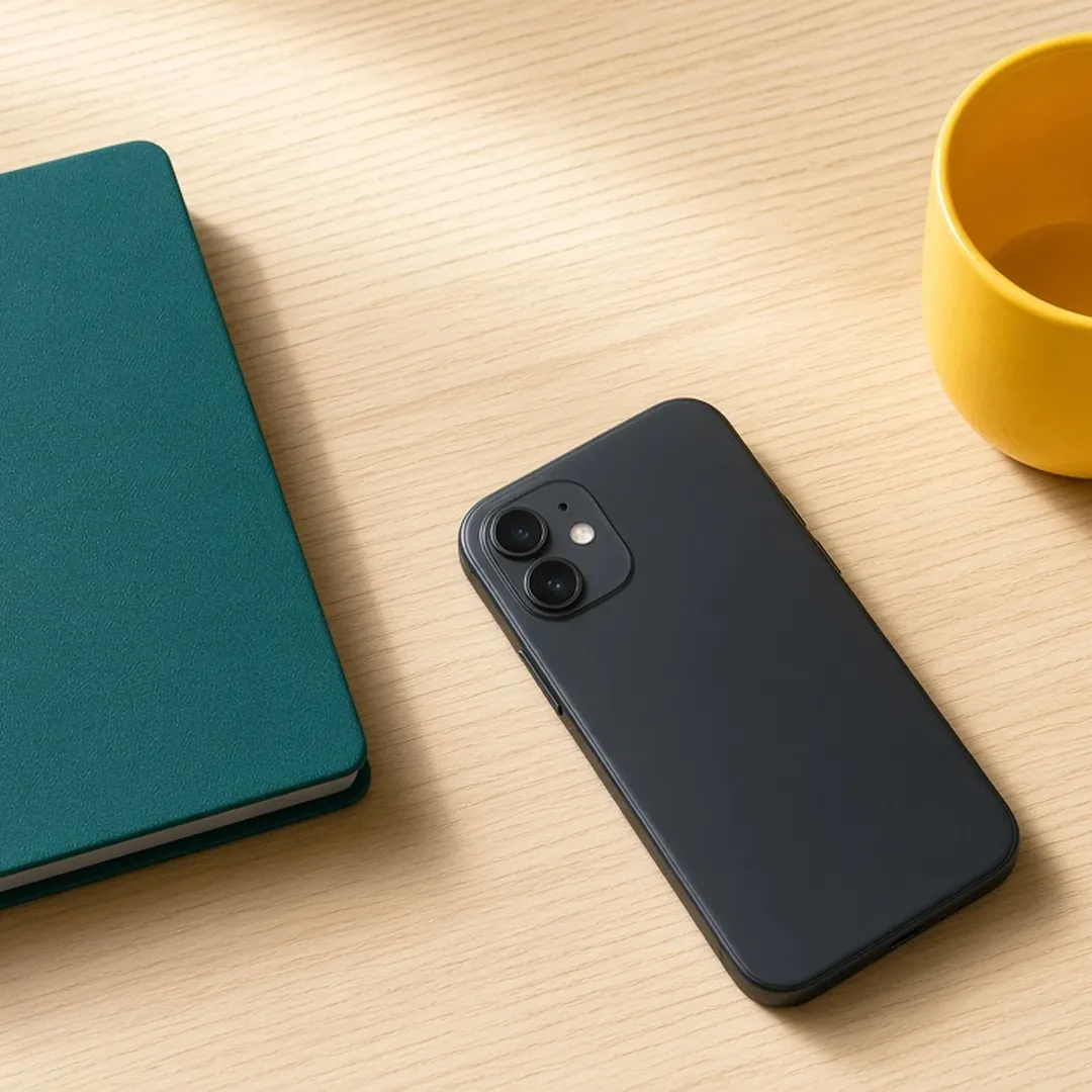 Phone lying face down on a table next to a notebook