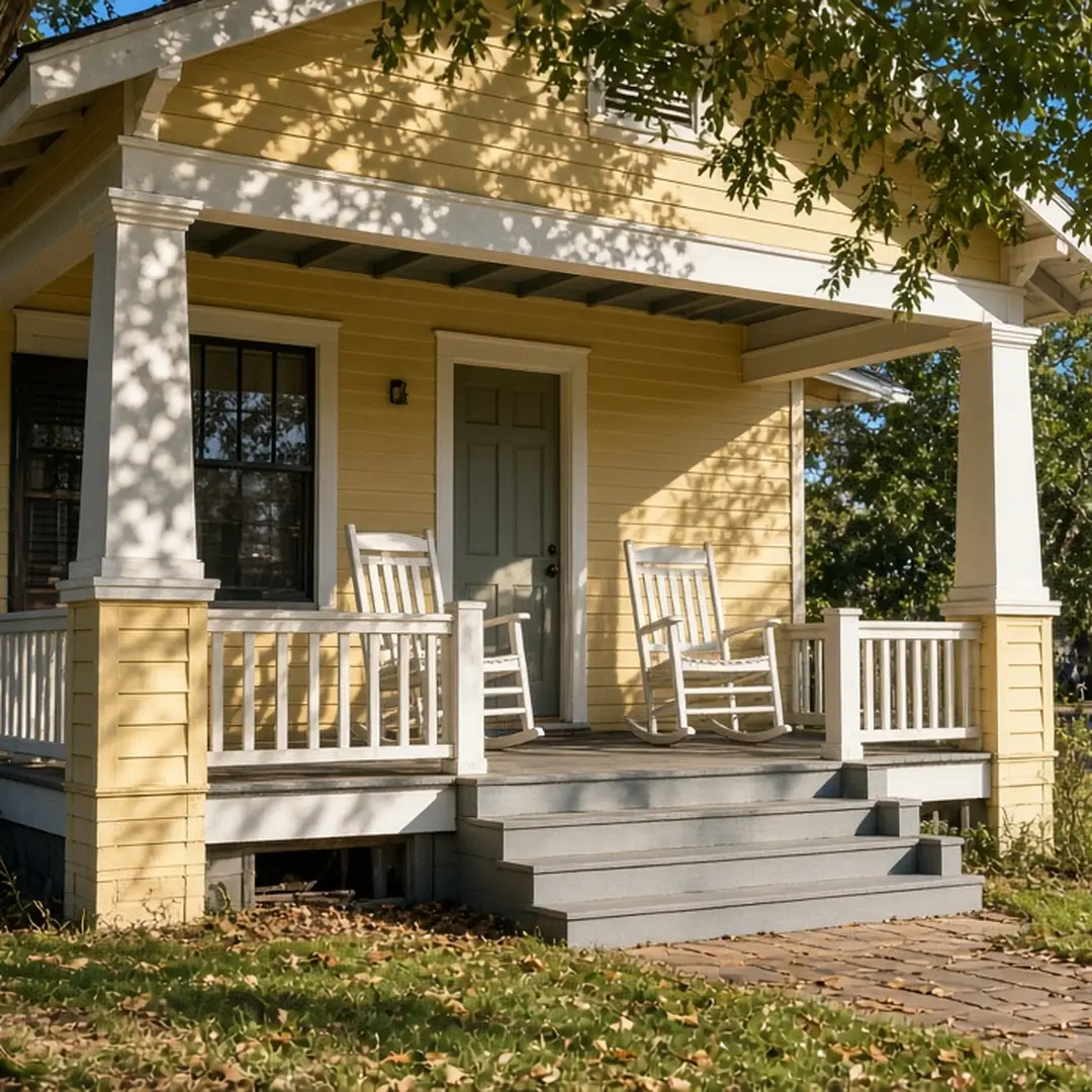 Quiet front porch of an older Fort Worth home in early morning light
