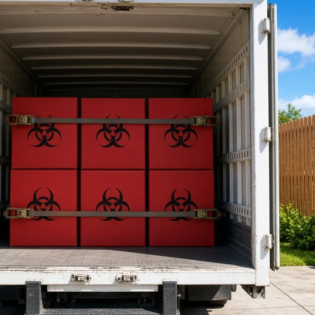 Sealed red biohazard boxes loaded in the back of a plain box truck