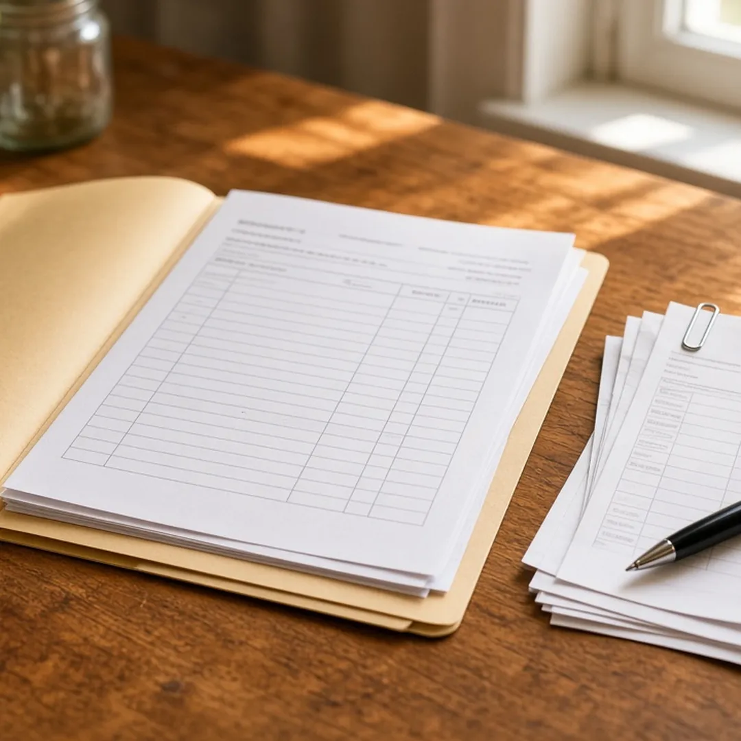 Folder of claim paperwork, an itemized invoice, and a pen on a kitchen table